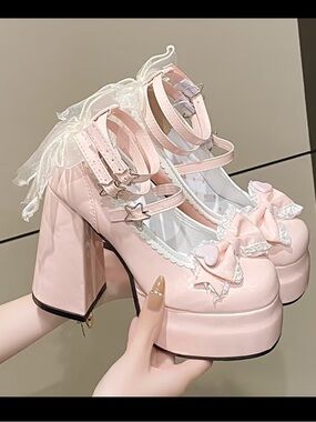 Pastel Pink Platform Mary Jane Heels with Lace Bows